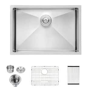 28 in. Undermount Single Bowl 16-Gauge Brushed Nickel Stainless Steel Kitchen Sink with Bottom Grid and Drying Rack