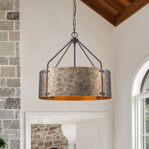 22.05 in. 4-Light Rustic Silver Farmhouse Drum Pendant Light