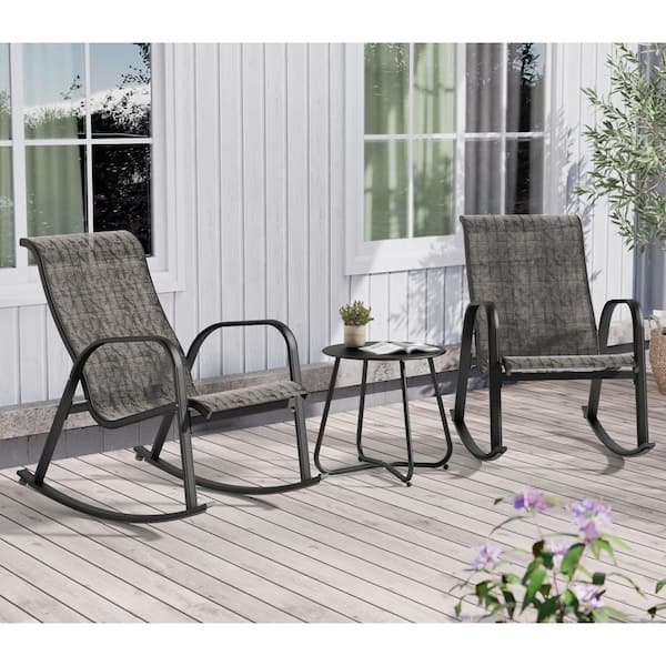 Upland Gray 3-Piece Metal Outdoor Patio Bistro Rocking Chair Set, for Front Porch, Garden, Patio, Backyard