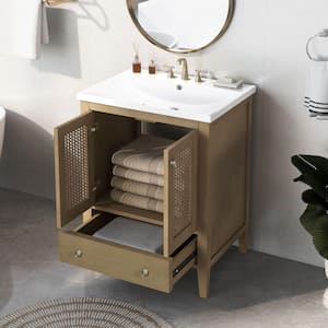 24 in. W x 18 in. D x 33.98 in. H Freestanding Bath Vanity in Natural with White Ceramic Top