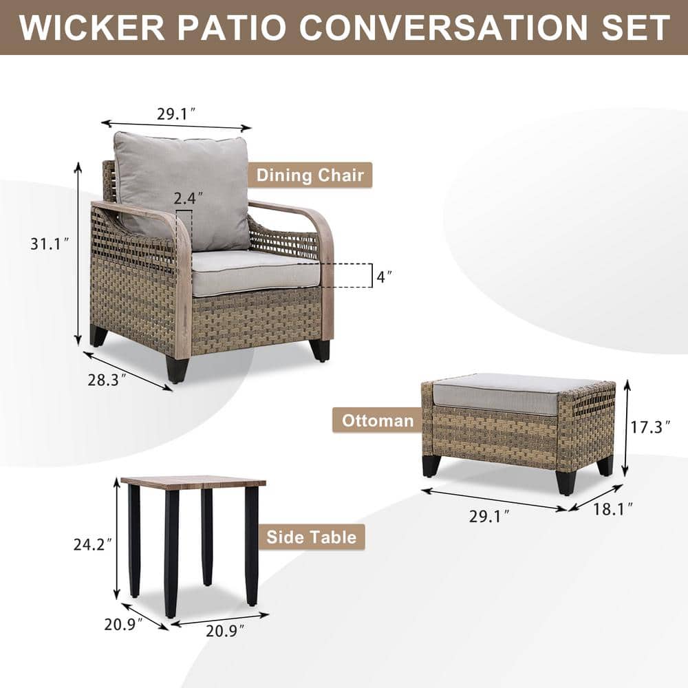 5-Piece Brown Steel Wicker Patio Set with Gray Cushions