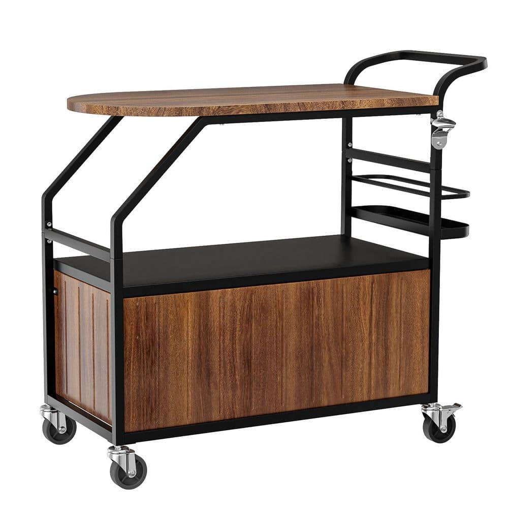80 qt. Brown Woodgrain Patio Rolling Cooler Cart with Table