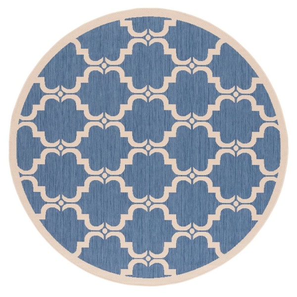 Courtyard Blue/Beige 8 ft. x 8 ft. Border Trellis Indoor/Outdoor Round Area Rug