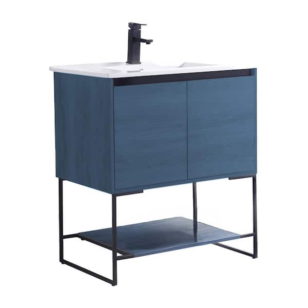 Urbania 30 in. W x 18.5 in. D x 33.5. in. H Navy Blue Bath Vanity with White Ceramic Vanity Top and White Basin