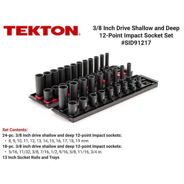 3/8 in. Drive 12-Point Impact Socket Set with Rails (5/16 in.-3/4 in., 8 mm-19 mm) (42-Piece)