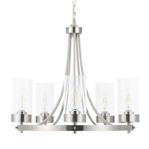 5-Light Brushed Nickel Wagon Wheel Chandelier with Glass Shades