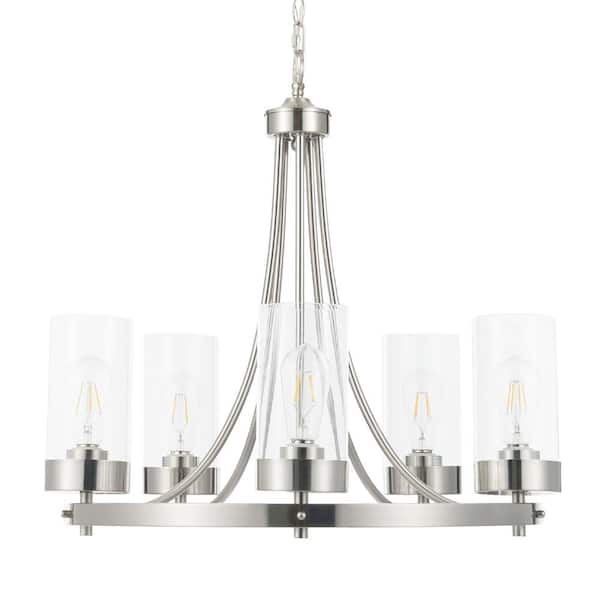Merra 5-Light Brushed Nickel Wagon Wheel Chandelier with Glass Shades