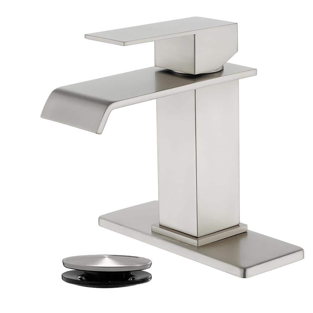 Single Handle Single Hole Bathroom Faucet with Deckplate & Drain Included, Wide Spout Waterfall Faucet in Brushed Nickel