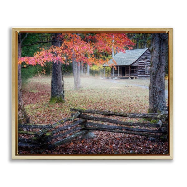 Stupell Industries Log Cabin Woody Autumn Foliage by Rick Berk Gold Floater Frame Graphic Nature Art Print 31 in. x 25 in.