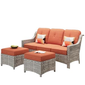 Eureka Grey 3-Piece Modern Wicker Outdoor Patio Conversation Sofa Seating Set with Red Cushions