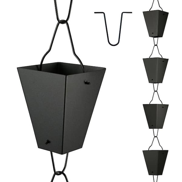 8.5 ft. Black Square Link Rain Chain with 3.7 in. Big Size Cup and V Gutter Clip