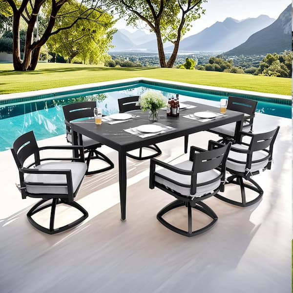 7-Piece Black Modern Aluminum Outdoor Dining Set with Rectangle Dining Table and 6 Swivel Rockers with Cast Cushions