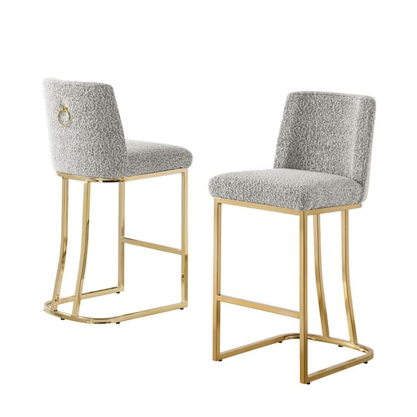 Raven Rich Grey Boucle Fabric Counter Height Stool (Set of 2) With Gold Chrome Legs
