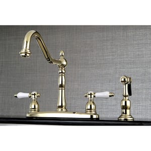 Victorian English Porcelain 2-Handle Standard Kitchen Faucet with Side Sprayer in Polished Brass
