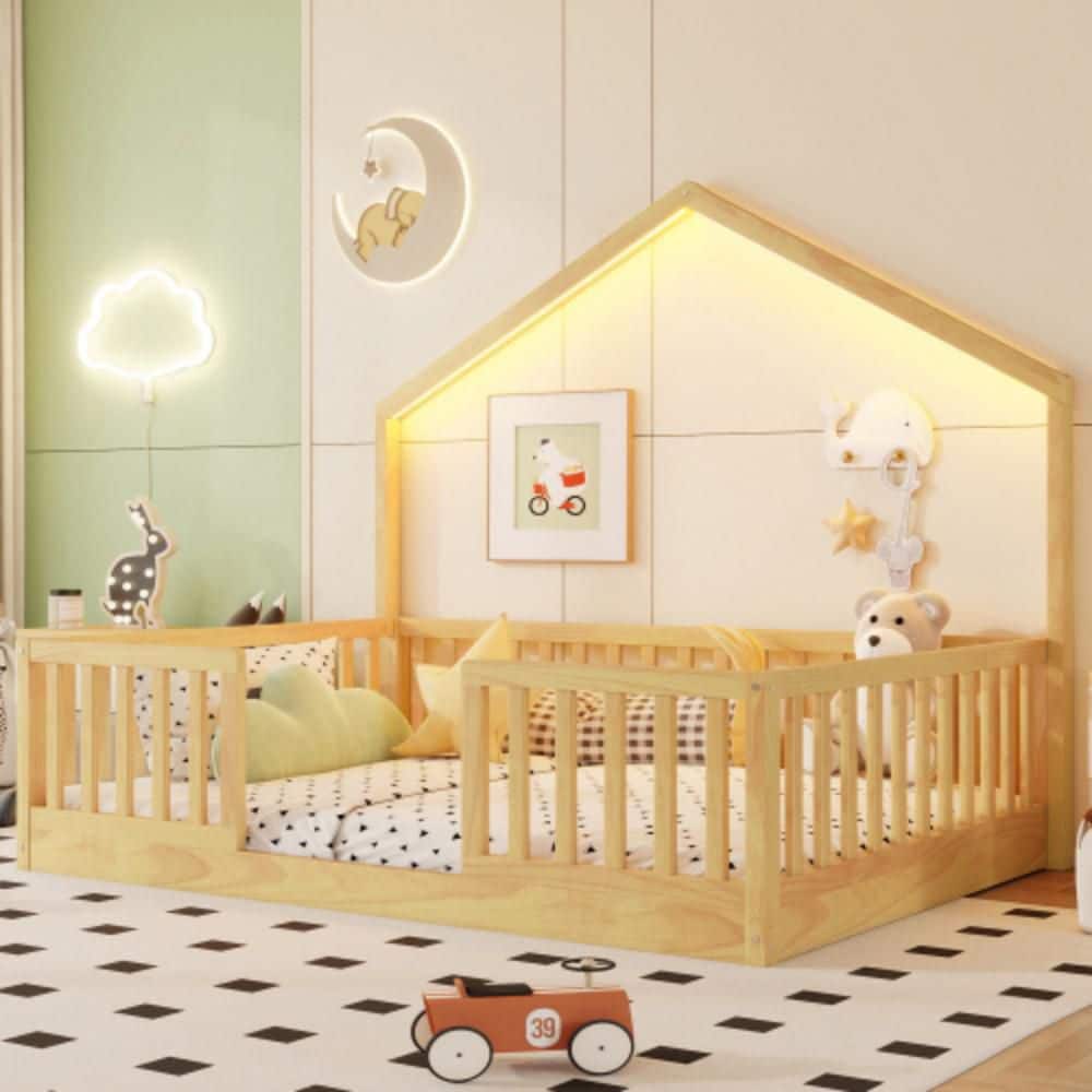 Montessori Floor Bed with House Frame Natural Brown Wood Frame Twin Kids Platform Bed with LED Light and Safety Rails