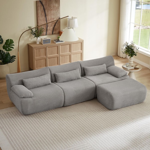 Fighter 110.2 in. Pillow Top Arms Corduroy Upholstery Modular L-Shaped Sectional Sofa in Grey with Ottomans