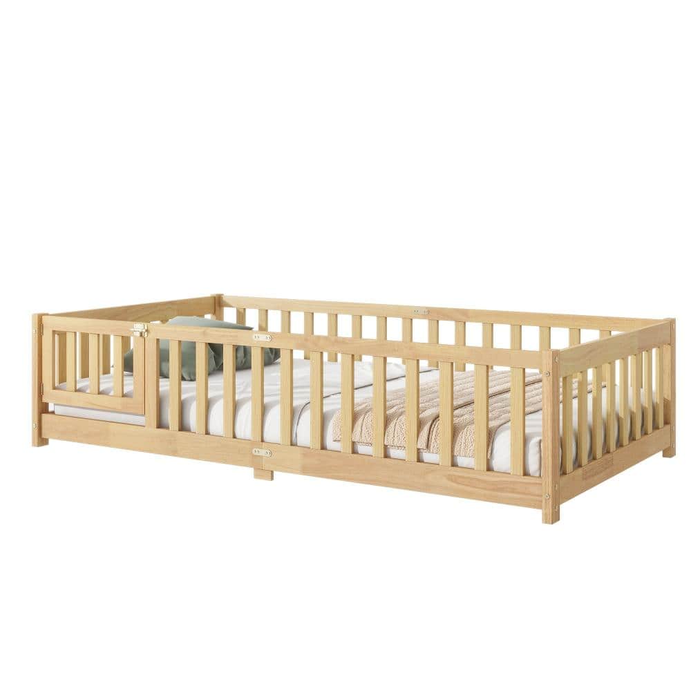 Natural Rubber Wood Twin Size Platform Bed with Safety Guardrails and Door durable construction