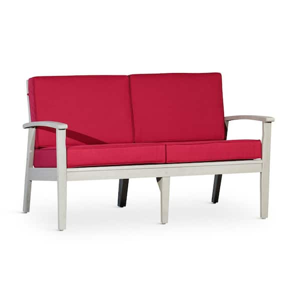 Zeus & Ruta Driftwood Gray Eucalyptus Wood Outdoor Loveseat with Burgundy Cushions