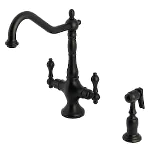 Heritage Deck Mount Double Handle Single-Hole Standard Kitchen Faucet with Sprayer in Matte Black