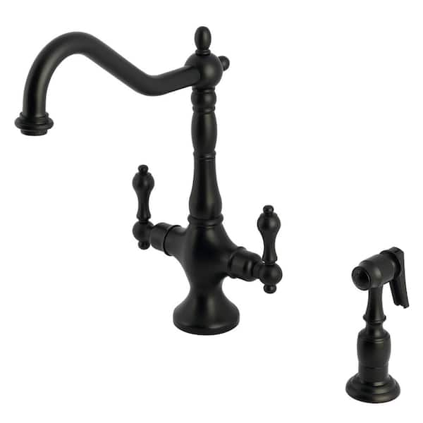 Kingston Brass Heritage Deck Mount Double Handle Single-Hole Standard Kitchen Faucet with Sprayer in Matte Black