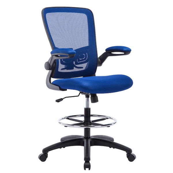 MAYKOOSH Blue Flip-Top Ergonomic Mesh Drafting Swivel Desk Chair Lumbar Support, Height Adjustable with Foot Ring
