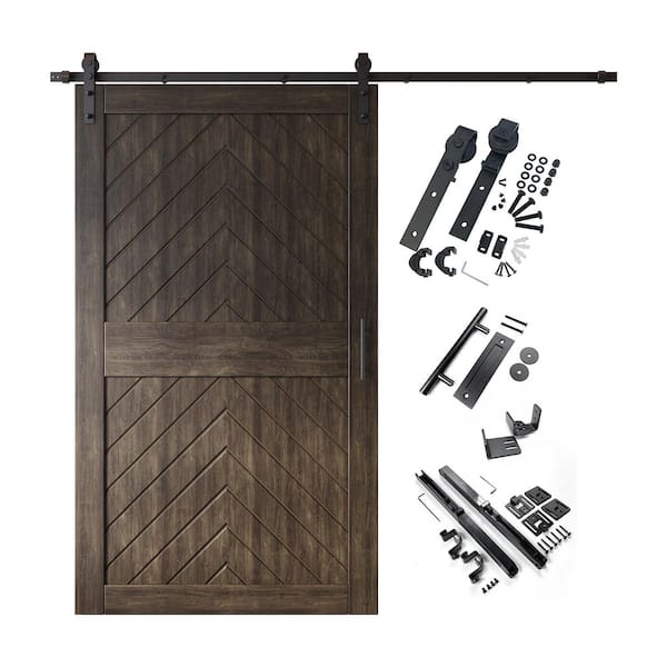 JT1 50 in. x 84 in. C-Panel Ebony Fishbone Design Solid Pine Wood Sliding Barn Door with Hardware Kit