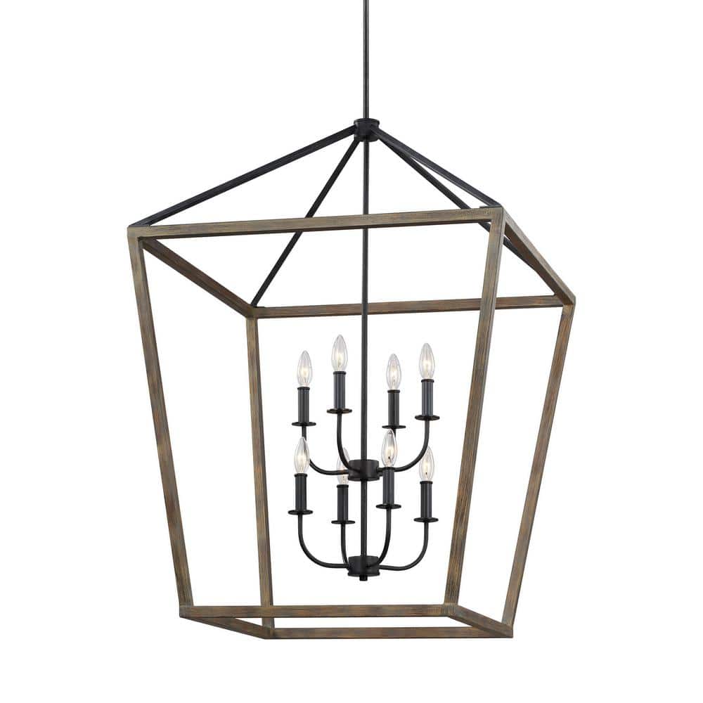 Gannet 8-Light Foyer Pendant in Weathered Oak and Antique Iron