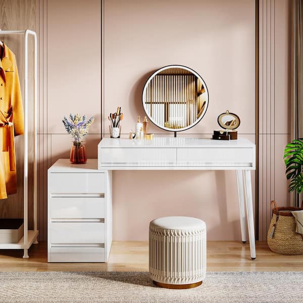 Helotes 1-Piece Glossy White Makeup Vanity Desk with 5 Drawers, Modern Dressing Table for Bedroom