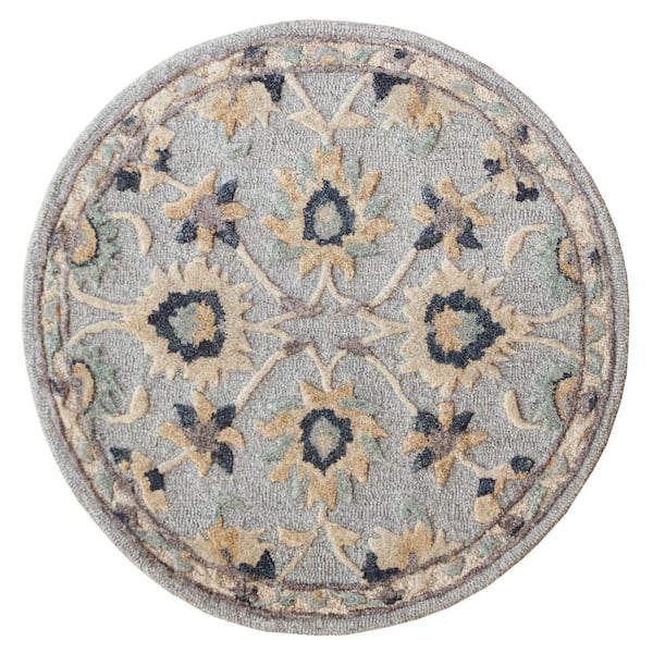 Unbranded Brenna Traditional Blue/Beige 3 ft. Round Floral Filigree Wool Area Rug