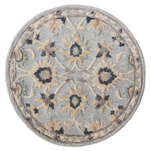 Brenna Traditional Blue/Beige 3 ft. Round Floral Filigree Wool Area Rug
