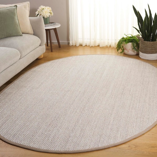 Natural Fiber 6 ft. x 8 ft. Marble/Linen Solid Color Oval Area Rug