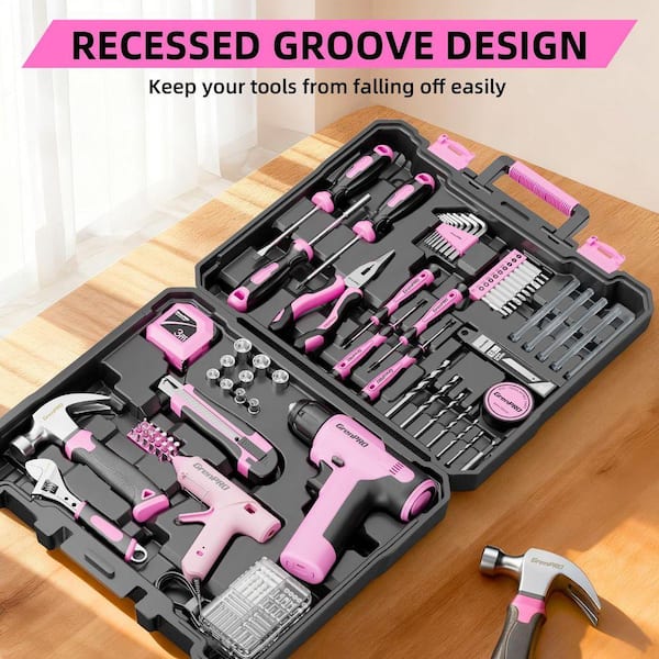 Laybus 188-Pcs Pink Tool Set Drill Set with Pink Cordless Drill