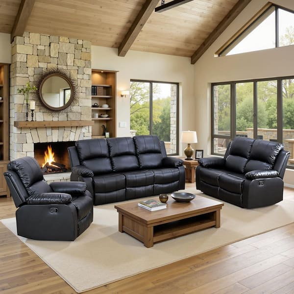 170 in. Overall Pillow Top Arm Leather Rectangle Recliner Sofa Set in Black, 6-Seats Sectional Couch for Living Room
