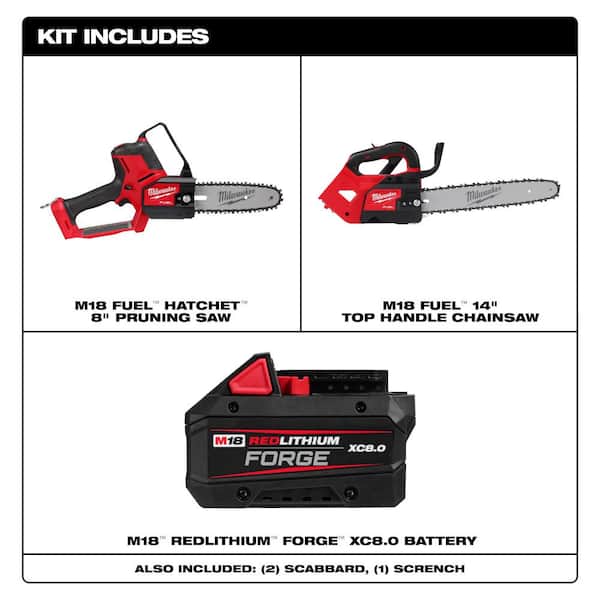 M18 FUEL 14 in 18V Lithium-Ion Brushless Cordless Battery Top Handle Chainsaw w M18 8 in HATCHET, M18 FORGE 8.0 Battery