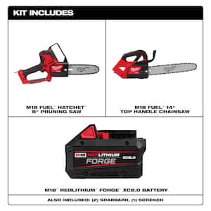 M18 FUEL 18V Brushless 8 in. HATCHET Pruning Saw w/M18 FUEL 14 in. Top Handle Chainsaw, (1) M18 FORGE 8.0 Ah Battery