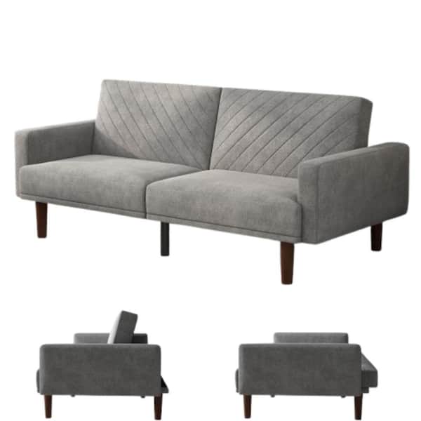 Bestier 75.6 in. Wide Gray Twin Size Square Arm Fabric Modern Convertible Straight Sofa Bed with Solid Wood Leg