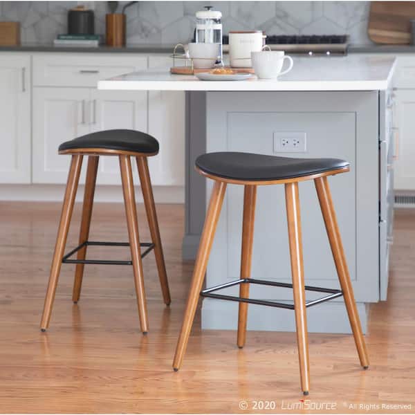 Saddle 26 in. Counter Stool in Walnut and Black in Faux Leather (Set of 2)