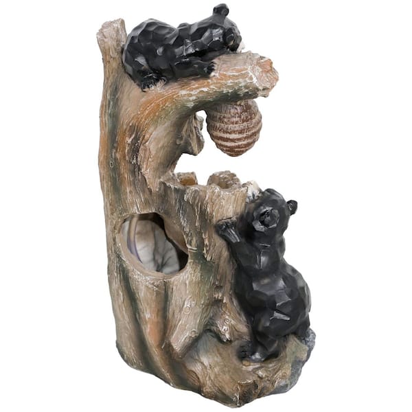 Outdoor Waterfall Floor Fountain with LED Lights, 3-Tier Resin Bears and Honey Beehive with Pump