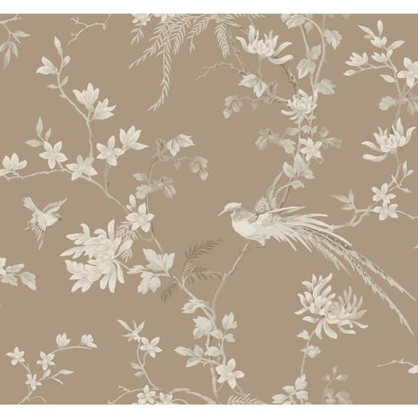 Ronald Redding Brown Bird and Blossom Chinoserie Paper Unpasted Matte Wallpaper (27 in. x 27 ft.)
