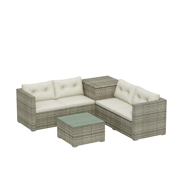 Willit 4-Piece Wicker Patio Conversation Sofa Seating Set with Beige Cushions, Storage Box