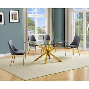 Tom 5-Piece Clear Glass Top Cross Leg Base Dining Set with 4-Dark Grey Gold Chrome Chairs