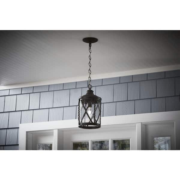 Walcott Manor 14.12 in. 1-Light Antique Bronze Transitional Outdoor Hanging Light Pendant Light with Clear Seeded Glass