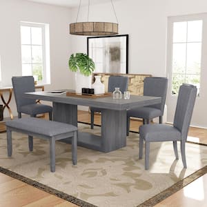 Gray 6-Piece Wood Top Extendable Dining Set with 18 in. Removable Leaf, Bench, 4-Upholstered Dining Chairs