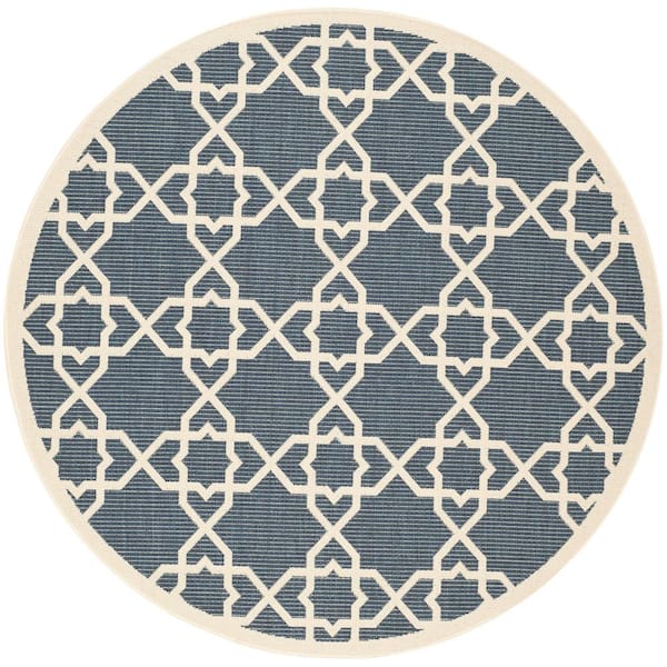 SAFAVIEH Courtyard Navy/Beige 5 ft. x 5 ft. Round Border Indoor/Outdoor Patio  Area Rug