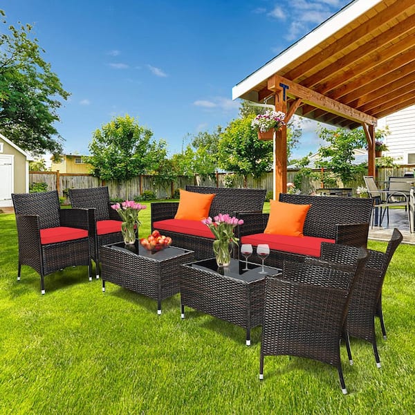 8-Piece Wicker Patio Conversation Set Outdoor Rattan Furniture Set with Red Cushions