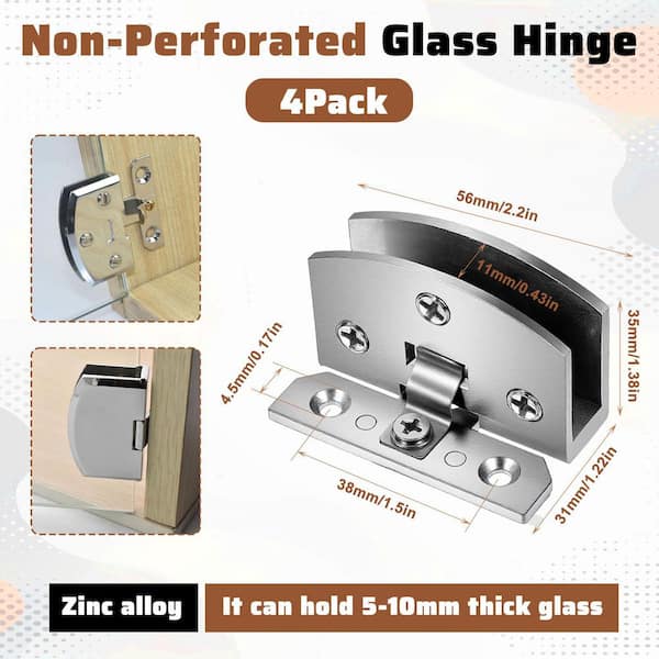 4-Piece 90° Heavy-Duty No-Drill Glass Door Hinge Kit with Mounting Hardware in Chrome, for Shower Doors