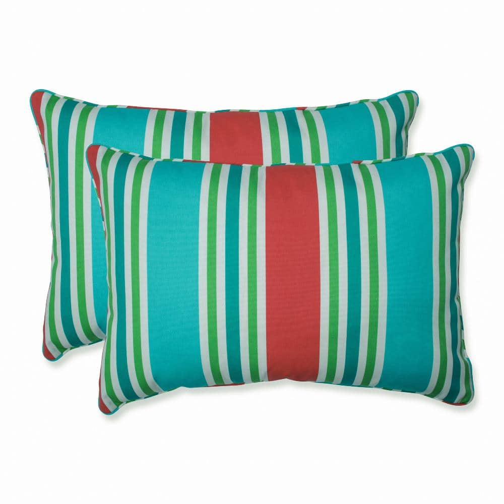 Aruba Stripe Turquoise and Coral Rectangular Outdoor Pillow Set