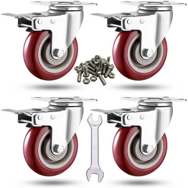 Angel Sar 4 in. Noise-Free 360-Degree Swivel Plate Heavy-Duty Caster Wheels with Free Screws and a Screwdriver, Red (4-Pack)