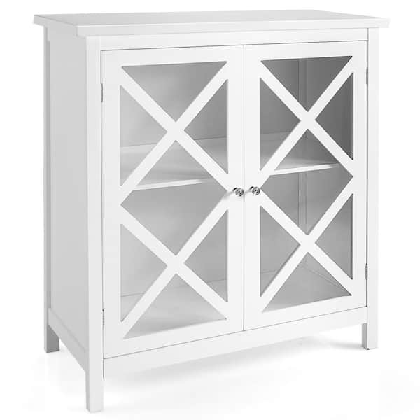 Costway White Kitchen Buffet Sideboard Storage Cabinet w/Glass Doors & Adjustable Shelf