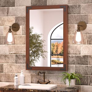 24 in. W x 36 in. H Rectangular Rustic Wood Framed Farmhouse Wall Bathroom Vanity Mirror in Brown